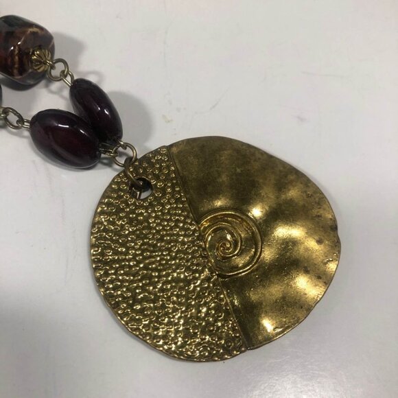 Burgundy Gold Tone Pendant Necklace Purple Glass Beads Boho Statement 22 inch - Picture 4 of 7